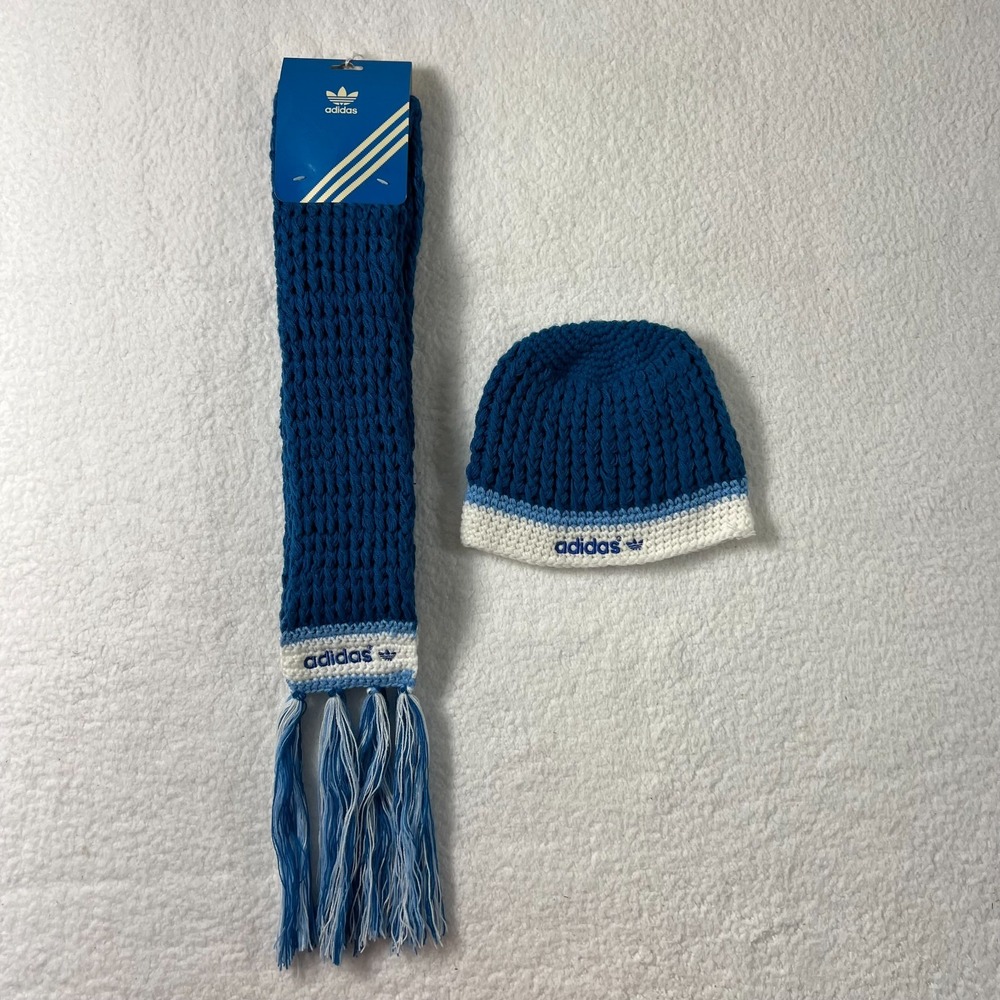 Adidas Knit Scarf & Beanie Set Blue White Logo Women's One‎ Size VTG NWT